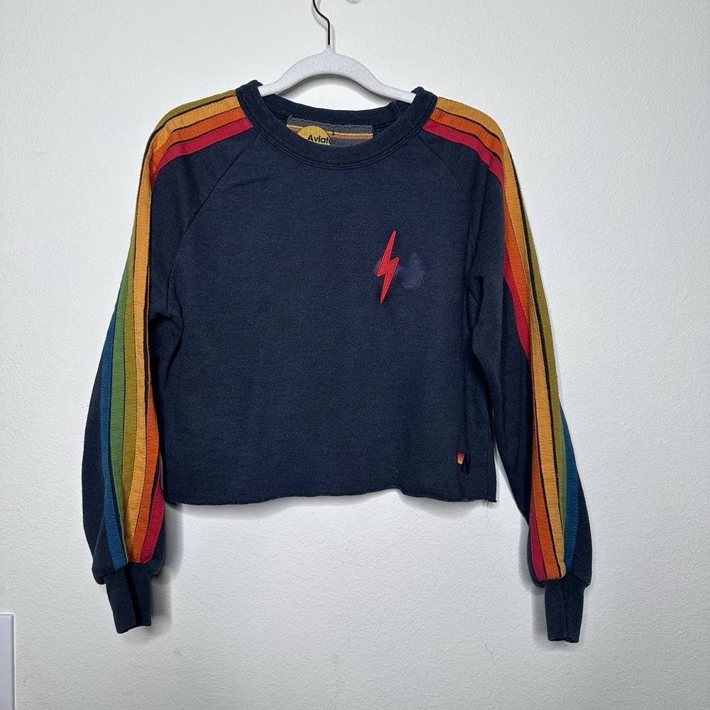 AVIATOR NATION Bolt Cropped Classic Five Stripe Crewneck Sweatshirt Charcoal S - Picture 1 of 6